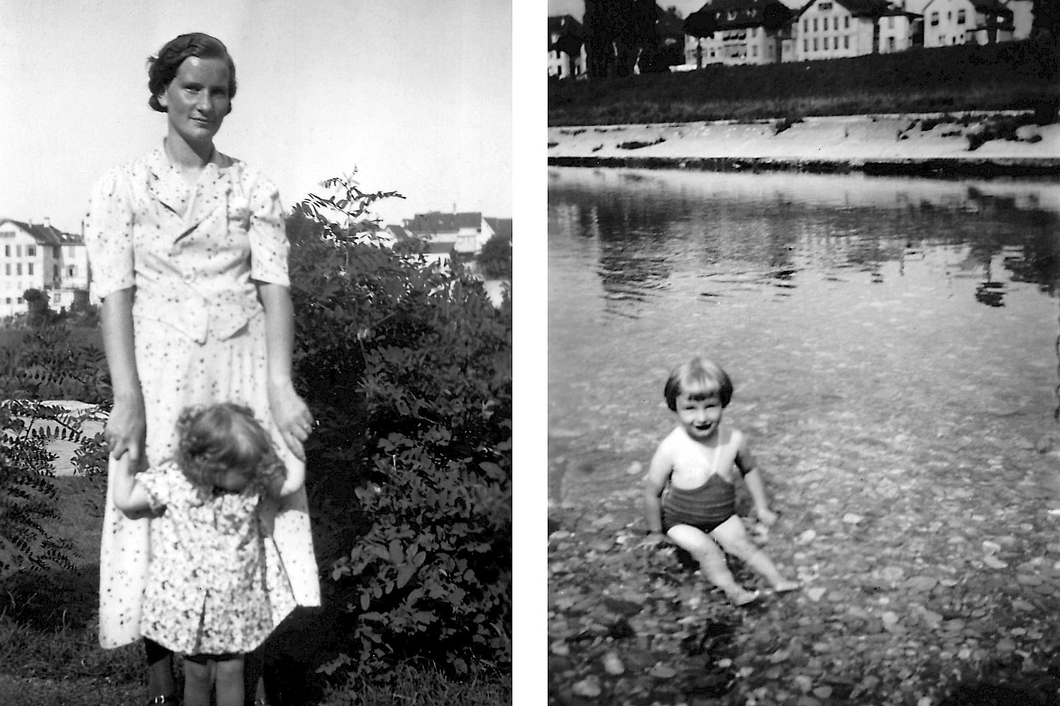 Anna Schmid-Lang mit Tochter Marlies, an der Birs (1939)